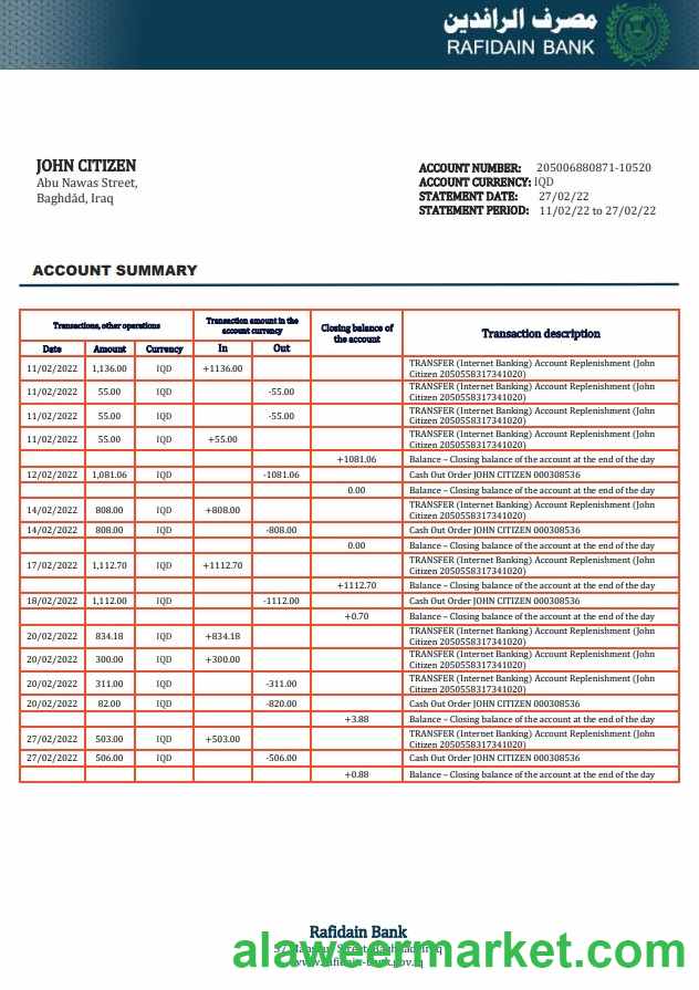 Iraq Rafidain proof of address Bank statement